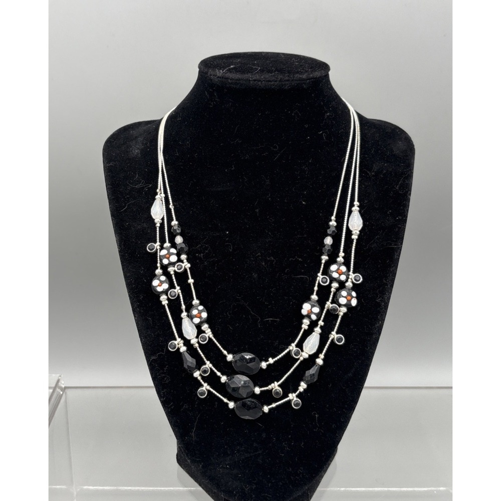 Women's 3-Strand Silver Tone Black White Red Beaded Necklace, 8"